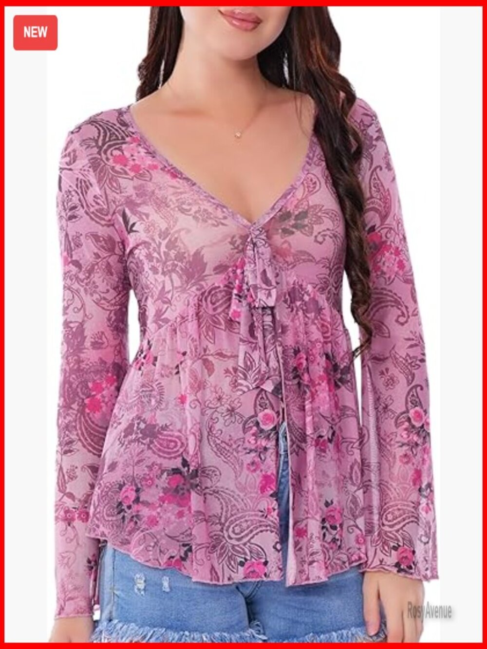 Bell Sleeve Peplum Mesh Top V Neck Blouse Tie Front Boho Tee